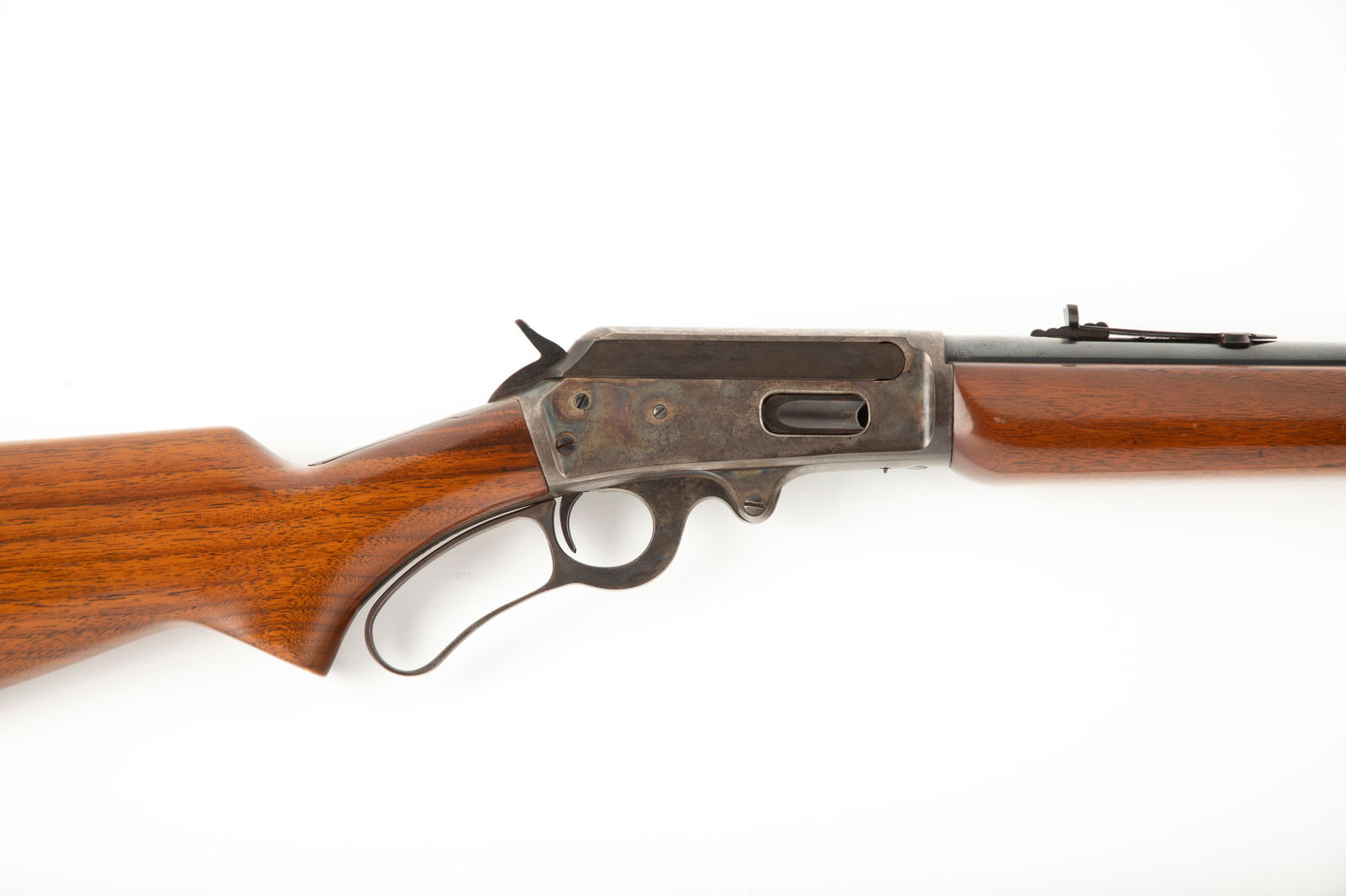High condition Marlin Model 1936, Sporting Carbine, .30/30 caliber, SN B1774, blue finish with case: High condition Marlin Model 1936, Sporting Carbine, .30/30 caliber, SN B1774, blue finish with case hardened frame, 20" round barrel with half magazine, hang tag states this was produced from late 193