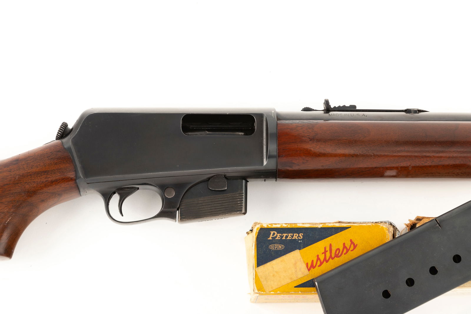 Great Winchester Rifle Model 1907, .351 caliber, SN 49114, manufactured 1942, 20" barrel. Most of: Great Winchester Rifle Model 1907, .351 caliber, SN 49114, manufactured 1942, 20" barrel. Most of the blue finish and original wood finish remains. Large forend as found in later manufactured rifles a