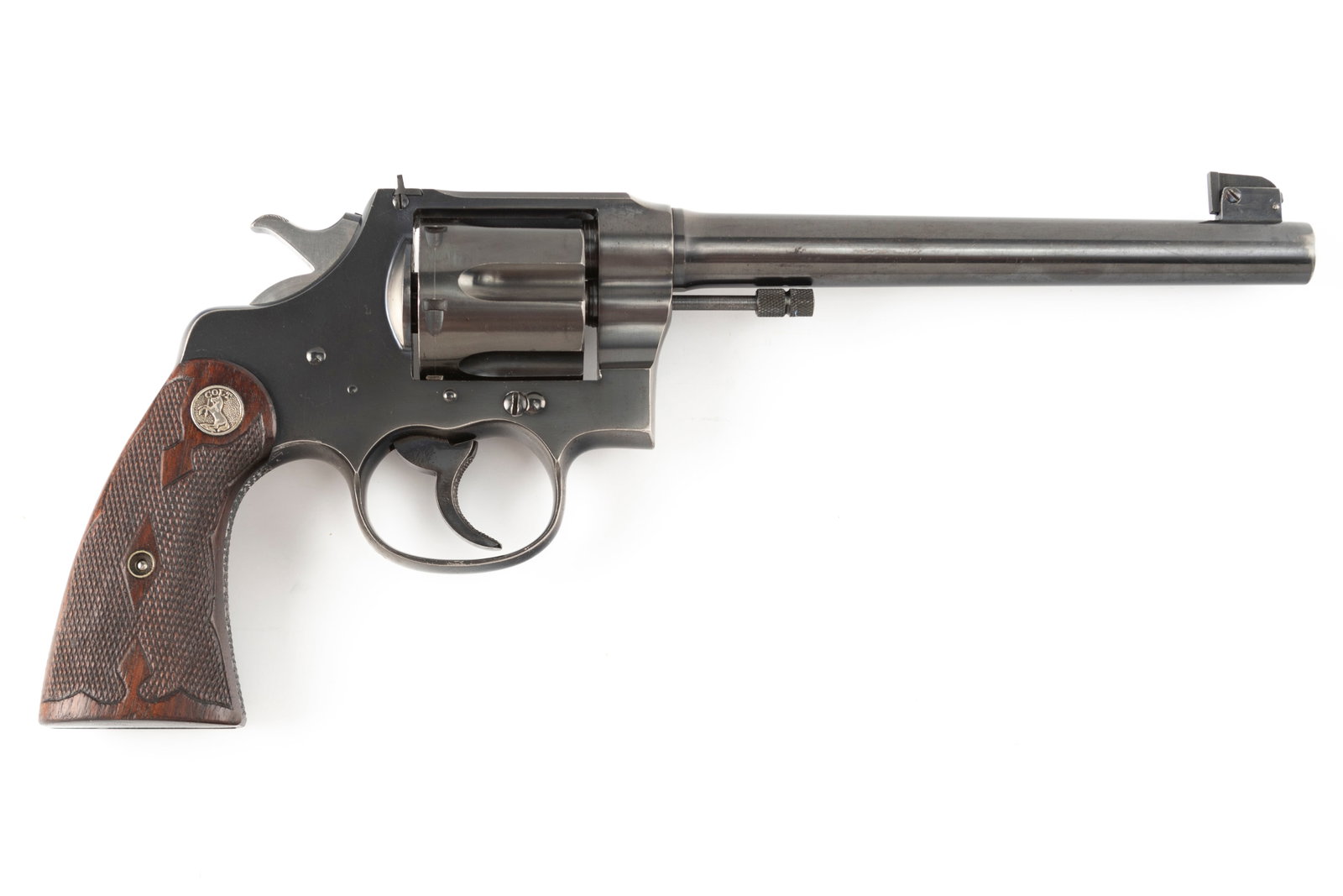 Colt New Service Target Revolver, .44 Russian/S&W SPL caliber, SN 325958, manufactured in 1927, 7: Colt New Service Target Revolver, .44 Russian/S&W SPL caliber, SN 325958, manufactured in 1927, 7 1/2" barrel. Very nice Colt in 95% condition, fitted with Colt Medallion Fleur-D-Lis grips. Rare .44 R