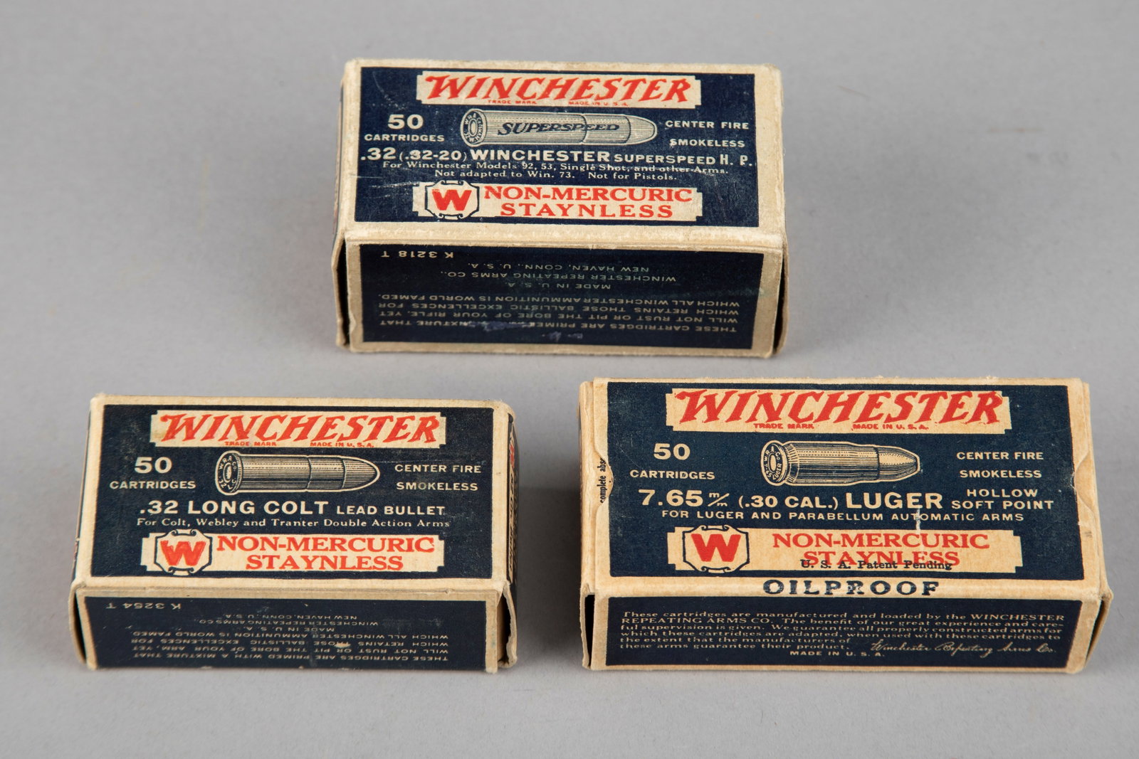 This lot consists of three full blue Boxes of 50 rounds each of Ammunition. (1) One full Box of: This lot consists of three full blue Boxes of 50 rounds each of Ammunition. (1) One full Box of Winchester .32 Long Colt caliber lead bullets, Non-Mercuric Staynless Oilproof, manufactured by Winchest