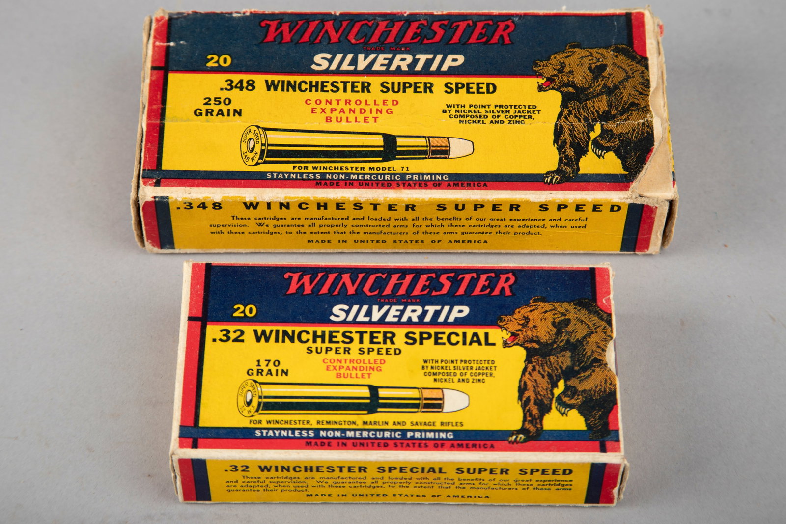 This lot consists of one empty and one full Bear Boxes of 20 rounds each of Winchester Ammunition.: This lot consists of one empty and one full Bear Boxes of 20 rounds each of Winchester Ammunition. (1) One EMPTY Bear Box for Winchester Silvertip .32 Winchester Special caliber Bullets, box is in goo