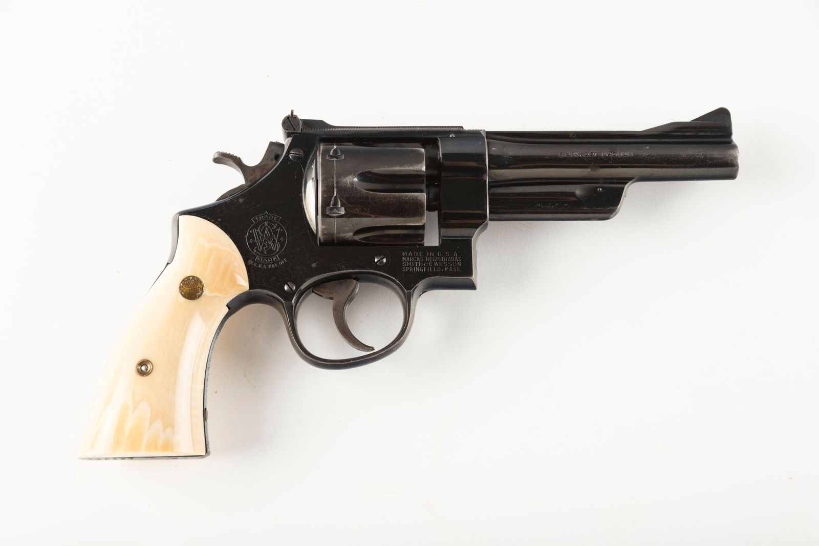 Smith and Wesson Pre-Model 27 Revolver, .357 MAG caliber, SN S109024, manufactured in 1954, 5": Smith and Wesson Pre-Model 27 Revolver, .357 MAG caliber, SN S109024, manufactured in 1954, 5" barrel. Nice tight S&W with normal finish for age, fitted with bone grips. (MODERN) THE LATE MICHAEL HUTY