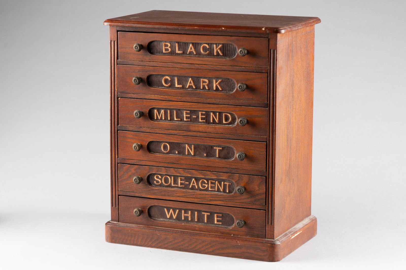 Unique six-drawer oak Collector's Cabinet made in the likeness of the Clark Spool Cabinet, measures: Unique six-drawer oak Collector's Cabinet made in the likeness of the Clark Spool Cabinet, measures 19 1/2" T x 16" W x 10" D. Each drawer is 2" deep with fancy hardware. Would be fantastic for your c