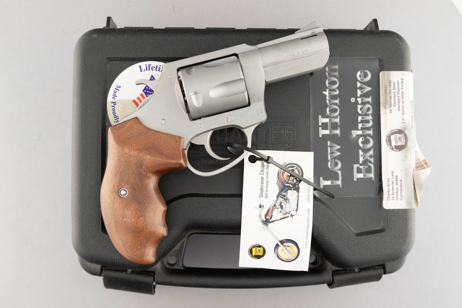 New In Box Charter Arms Back Packer Revolver, .44 SPL caliber, SN 15-31902, 2 1/2" barrel. Unfired: New In Box Charter Arms Back Packer Revolver, .44 SPL caliber, SN 15-31902, 2 1/2" barrel. Unfired new in box Light Weight Lew Horton Exclusive Revolver fitted with nice finger groove walnut grips. (M
