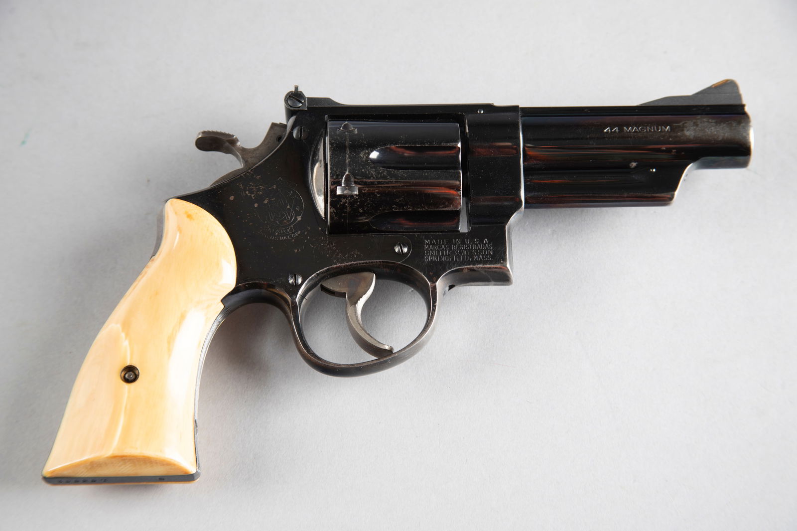 Smith and Wesson Pre-29 Model Revolver, .44 MAG caliber, SN S153552, very rare 4" barrel, 5-screw: Smith and Wesson Pre-29 Model Revolver, .44 MAG caliber, SN S153552, very rare 4" barrel, 5-screw Pre-29 in normal condition for age, fitted with bone grips. (MODERN) THE LATE MICHAEL HUTYRA ESTATE, W