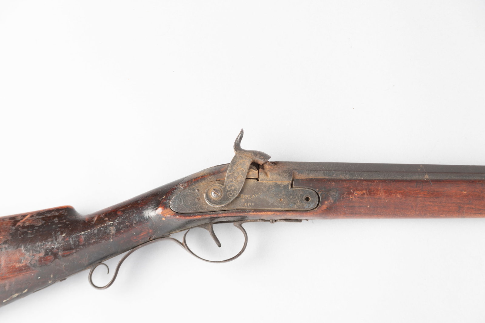 Early Percussion Half Stock Fowling Rifle, lock is marked "Ketland & Co.", 16 gauge bore, 43": Early Percussion Half Stock Fowling Rifle, lock is marked "Ketland & Co.", 16 gauge bore, 43" barrel, appears to have the correct ramrod, iron butt plate, showing repair in lower portion of stock. Sol