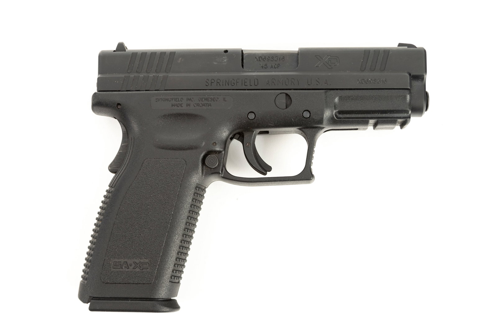 Boxed Springfield Armory, Model XD Semi-Auto Pistol, .45 ACP caliber, SN XD698316, matte finish, 4": Boxed Springfield Armory, Model XD Semi-Auto Pistol, .45 ACP caliber, SN XD698316, matte finish, 4" barrel, sold in original hard carry case with extra magazine & clip holder. (MODERN)