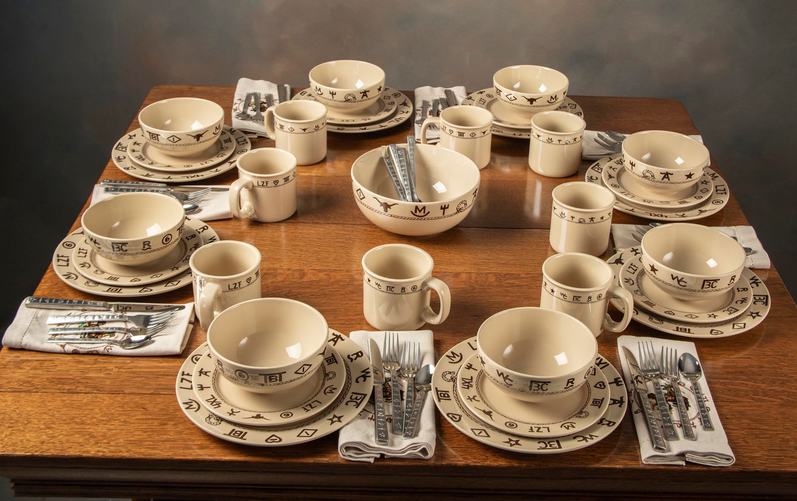 A complete 8 place Setting of Ranch Brand China by West Creations in pristine unused condition. This: A complete 8 place Setting of Ranch Brand China by West Creations in pristine unused condition. This set includes 8 Dinner Plates, 10 1/2"; 8 Salad Plates, 6 1/4"; 8 Cereal Bowls, 6 1/2"; 8 Mugs; 1 Se