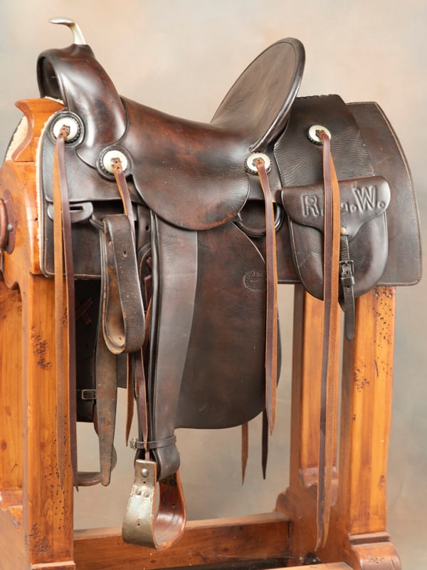 Vintage "C.P. Shipley, Kansas City, MO." marked early high back Saddle with square skirt showing: Vintage "C.P. Shipley, Kansas City, MO." marked early high back Saddle with square skirt showing maker mark three different times, very desirable A-Fork, 15" seat, 5" cantle,. Complete with saddle bag