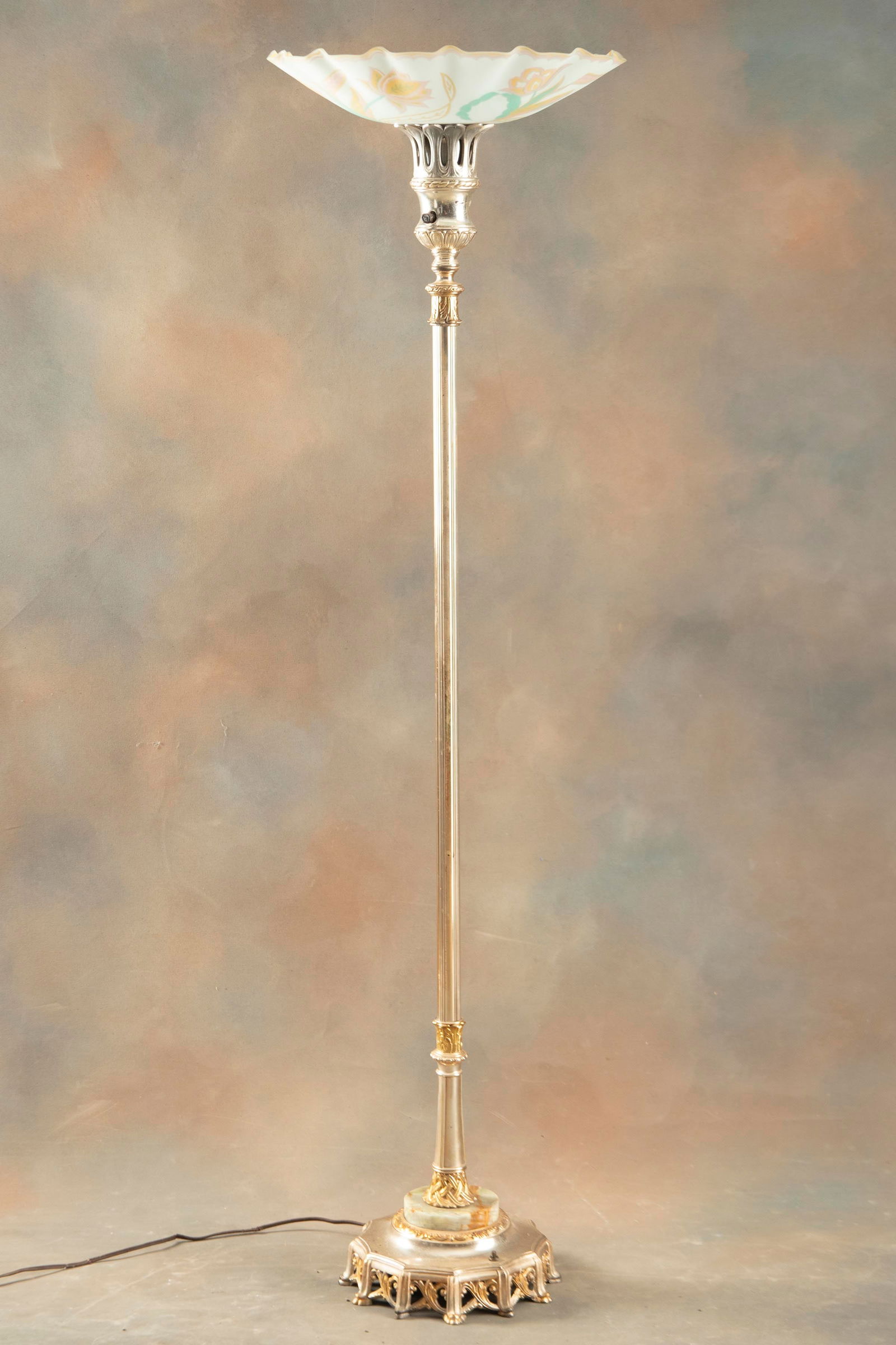 Antique Torchiere Lamp, circa 1920s-30s, with very desirable 18" fluted shade, measures 65" T with: Antique Torchiere Lamp, circa 1920s-30s, with very desirable 18" fluted shade, measures 65" T with beautiful marble and footed base in original finish and patina. Has been professionally re-wired. THE