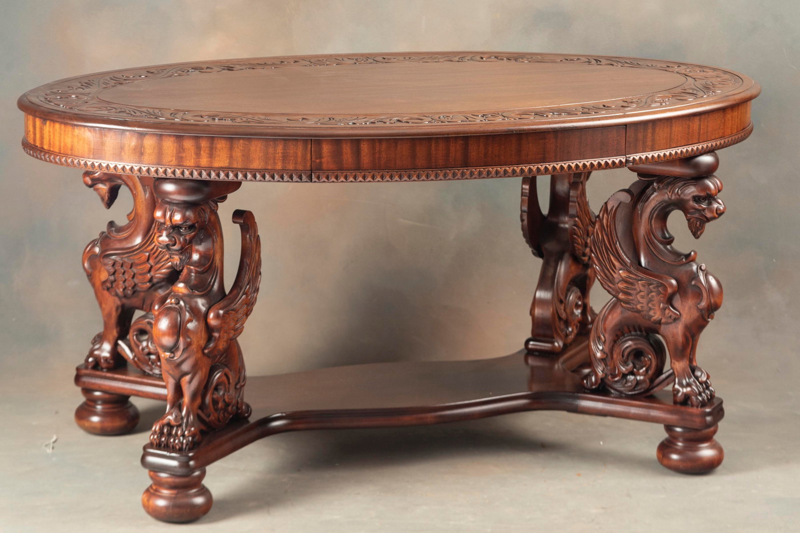 Museum quality antique Winged Griffin Mahogany Library Table, attributed to R.J. Horner Co., New: Museum quality antique Winged Griffin Mahogany Library Table, attributed to R.J. Horner Co., New York, circa 1890-1900. Beautiful finish and condition with 20" full bodied winged griffins supporting 6