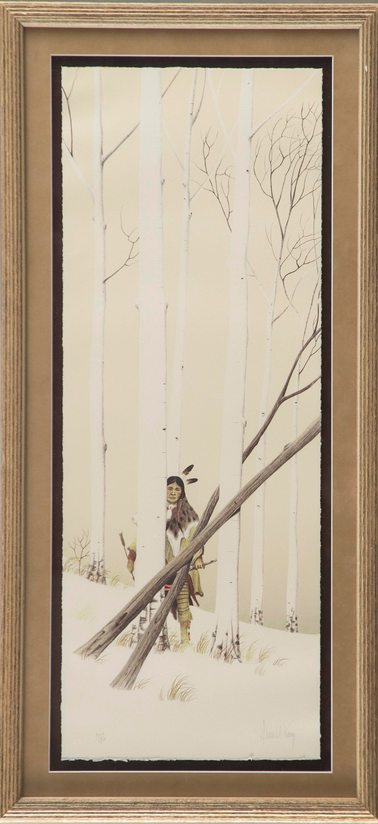 Framed and numbered Print by noted artist Donald Vann, (b.1949), signed at lower right, numbered: Framed and numbered Print by noted artist Donald Vann, (b.1949), signed at lower right, numbered 120/180 at lower left. Titled "Hunter of the Aspens", mounted in gallery frame 32 1/2" L x 15 3/4" W. V