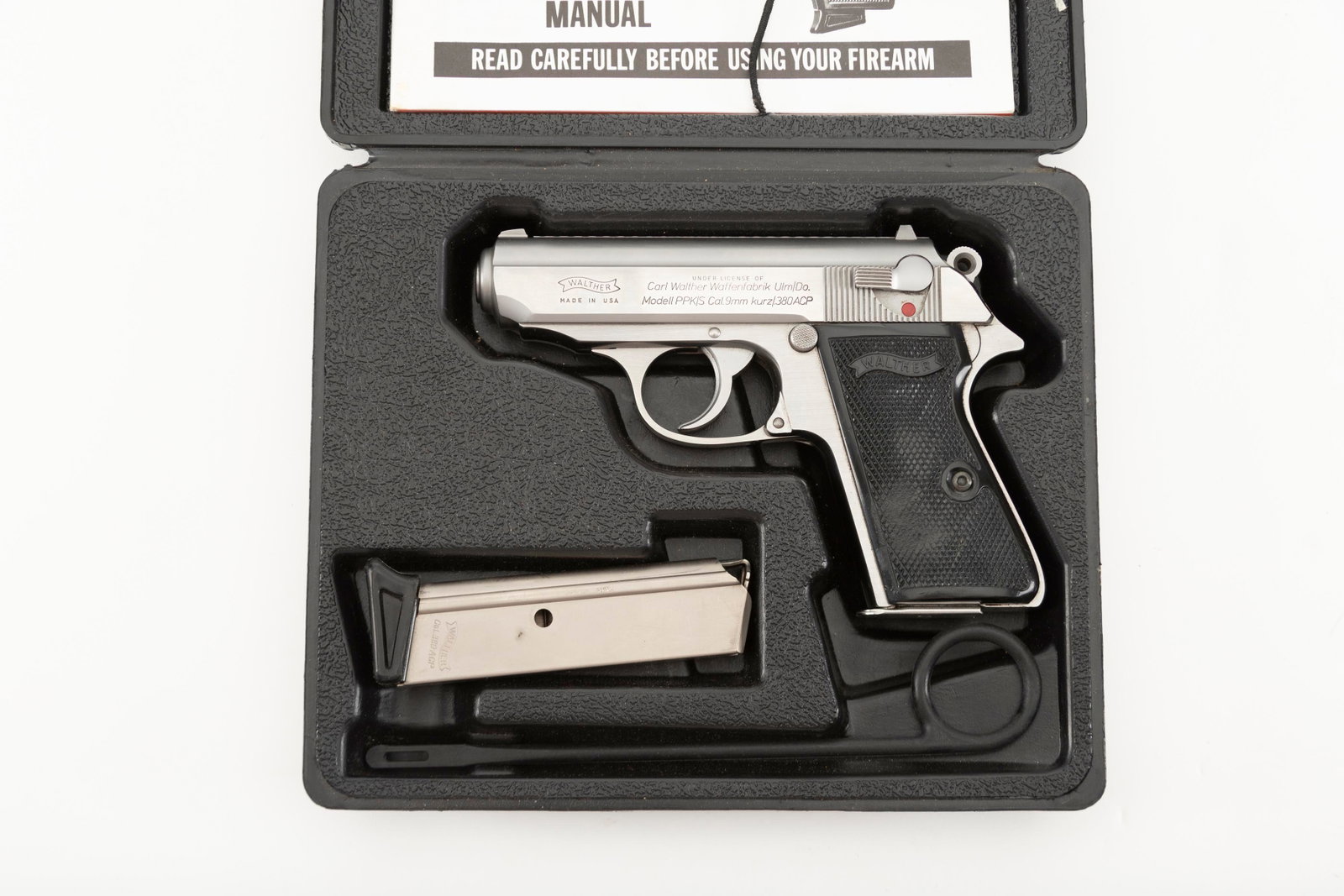 Like new in box Walther, Model PPK-S, Semi-Auto Pistol, .9 mm/380 caliber, SN S141716, stainless, 2: Like new in box Walther, Model PPK-S, Semi-Auto Pistol, .9 mm/380 caliber, SN S141716, stainless, 2 1/2" barrel. Sold in original fitted hard box with two magazines, cleaning rod, and owner's manual.(