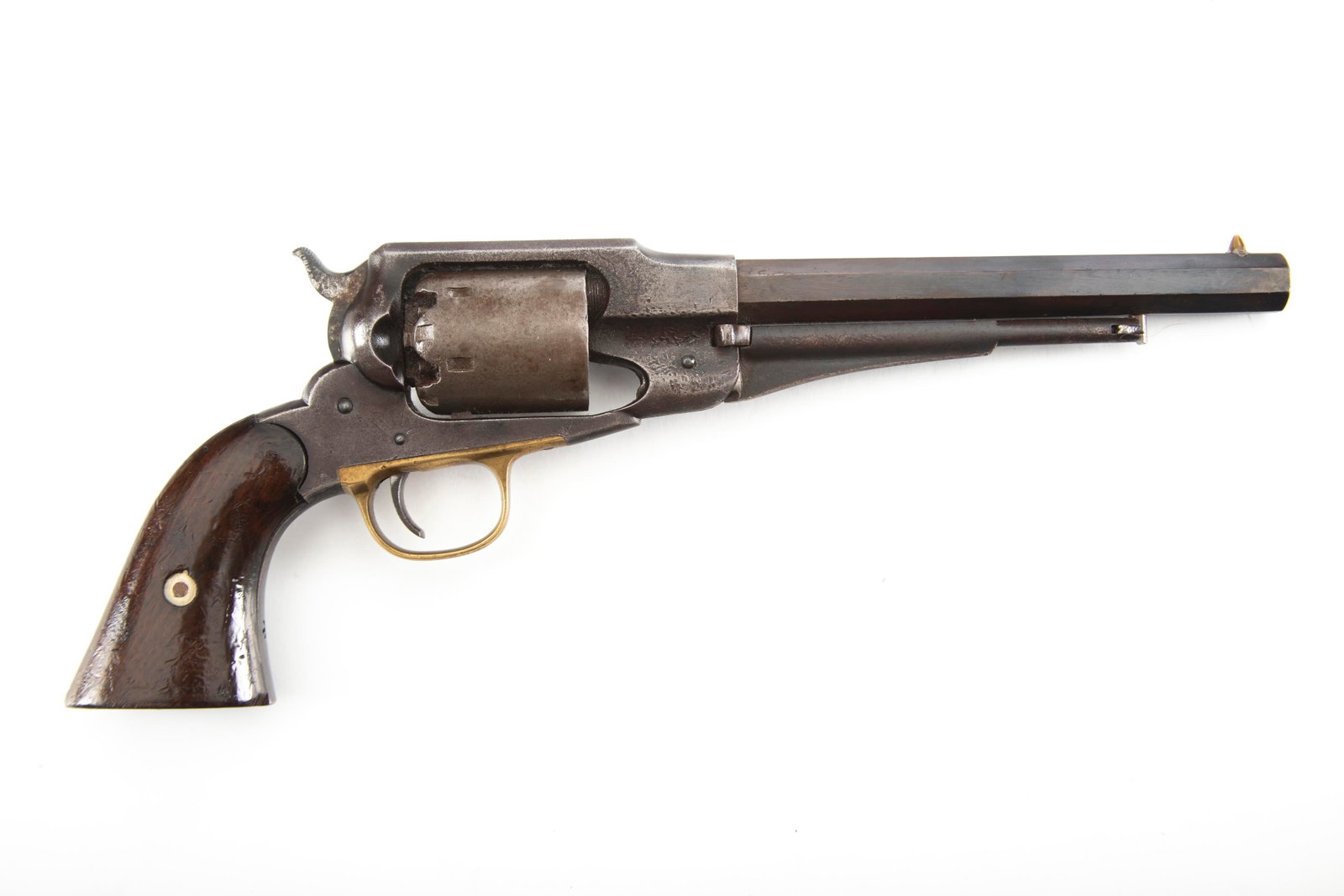 Antique Remington 44 Army Revolver, .44 caliber, SN 28397, overall brown aged patina, 8" barrel,: Antique Remington 44 Army Revolver, .44 caliber, SN 28397, overall brown aged patina, 8" barrel, iron frame with brass trigger guard, initial "M" inspector mark, two-piece walnut grips showing cartouc