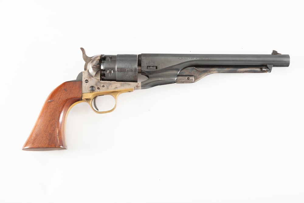 Black Powder .44 caliber Revolver replica of an 1860 Army, made by F. Llipietta, SN 36532, blue: Black Powder .44 caliber Revolver replica of an 1860 Army, made by F. Llipietta, SN 36532, blue finish, case hardened frame, 8" barrel, one-piece walnut grips. Overall very good condition. THE LATE PA