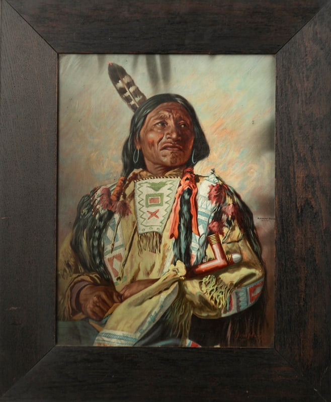 Vintage Lithograph titled "Kicking Bull" (Sioux), artist signed at lower right "John Mayer(?) /: Vintage Lithograph titled "Kicking Bull" (Sioux), artist signed at lower right "John Mayer(?) / 1905", vivid colors, very good condition for its age. Original oak frame measures 22 1/2" x 29 1/2".