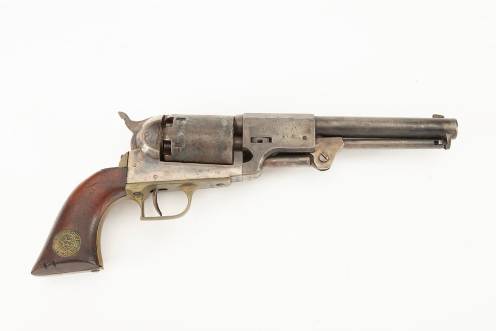 Boxed Replica of a Second Model U.S. Dragoon marked on cylinder, .44 caliber, SN 2495, gray to brown: Boxed Replica of a Second Model U.S. Dragoon marked on cylinder, .44 caliber, SN 2495, gray to brown patina, brass trigger guard and back strap, 7 1/2" barrel. Possibly manufactured in Italy. Sold in