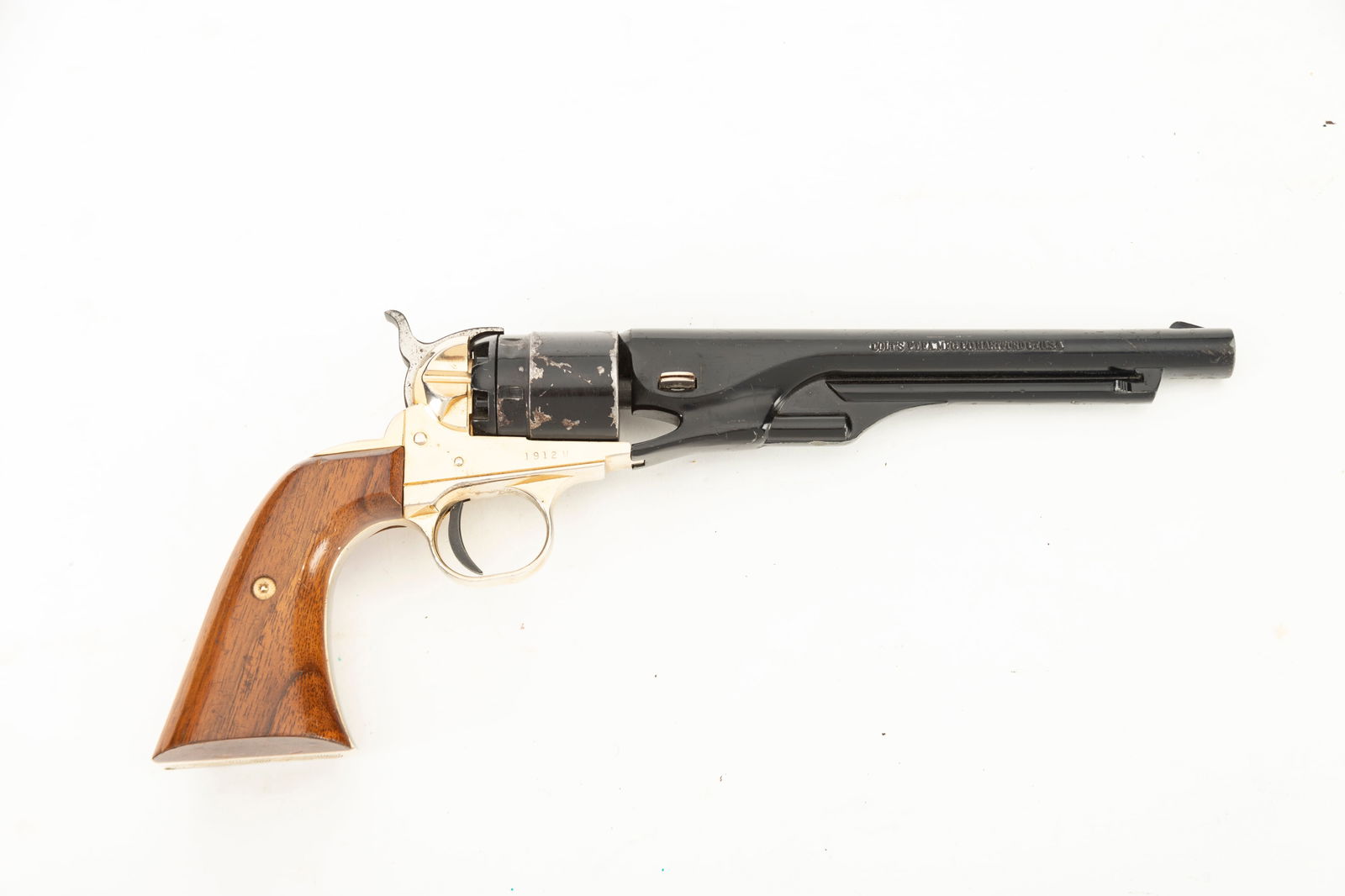 Colt Civil War Centennial Model of a Single Shot .22 SHORT caliber Pistol, SN 1912W, blue finish: Colt Civil War Centennial Model of a Single Shot .22 SHORT caliber Pistol, SN 1912W, blue finish with brass plated receiver trigger guard and backstrap, 6" barrel. (MODERN) THE LATE PAUL CHAPMAN ESTAT