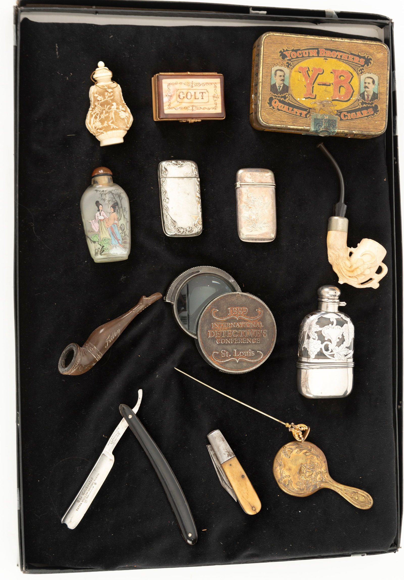 Collection of 14 small collector Items to include: (1) Small "Limoges" marked Porcelain Box marked: Collection of 14 small collector Items to include: (1) Small "Limoges" marked Porcelain Box marked "COLT" on top that contains a porcelain Revolver and Badge. Box measures 2" L x 1 1/4" W. (2) Two emb