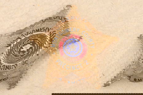 Gold tone 5-point Ball Star Badge, marked “MONTGOMERY COUNTY, DEPUTY BADGE PRECINCT 2 “, "A.: Gold tone 5-point Ball Star Badge, marked “MONTGOMERY COUNTY, DEPUTY BADGE PRECINCT 2 “, "A. Smith", measures 3 1/8” T x 3” W – Hallmarked “Blackinton"/"Hi Glo”. THE