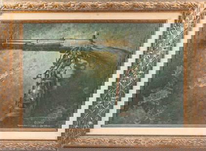 "Donald M. Yena" marked framed Canvas Transfer, #24, double signed at lower right, dated 1969,: "Donald M. Yena" marked framed Canvas Transfer, #24, double signed at lower right, dated 1969, titled "Yellow Gun", in original frame. Art measures 19" x 28", frame measures 26" x 35". Donald M.