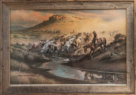 Framed Lithograph, hand signed by "Donald M. Yena", San Antonio, Texas artist at lower left, marked: Framed Lithograph, hand signed by "Donald M. Yena", San Antonio, Texas artist at lower left, marked at lower right, "Lithograph by Clarke Printing Co., San Antonio, Texas". Titled "Trail Dust and