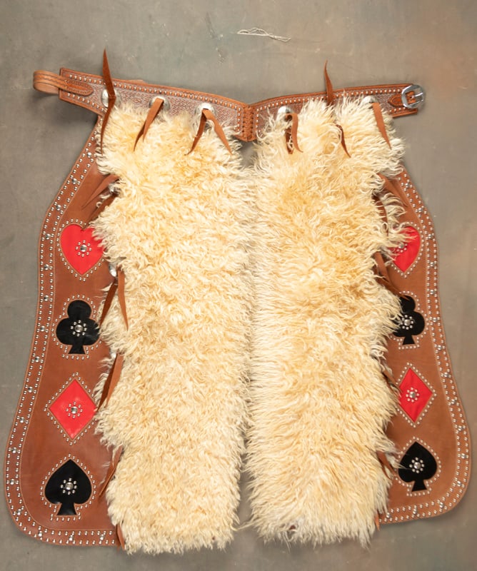 Magnificent "Buddie Foster, Decatur, Texas" marked white Wooly Show Chaps, batwing style with inlaid: Magnificent "Buddie Foster, Decatur, Texas" marked white Wooly Show Chaps, batwing style with inlaid card suits, leather & spotted border. Truly one of the nicest pair to have surfaced in years. Made 