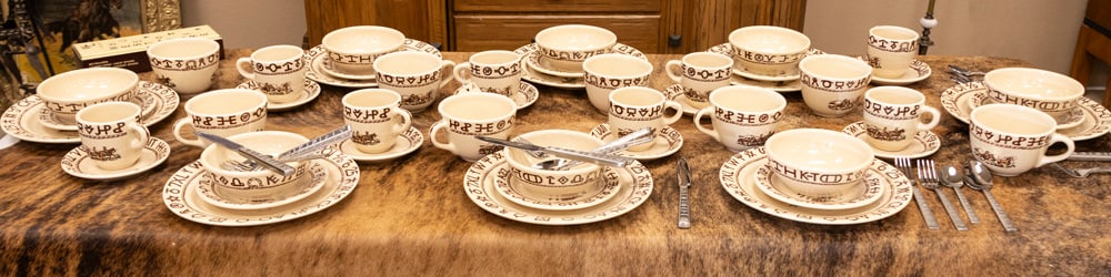 This lot consists of a Service for 8 of Dinnerware marked "Westward Ho / Rodeo Pattern / True West /: This lot consists of a Service for 8 of Dinnerware marked "Westward Ho / Rodeo Pattern / True West / Goldthwaite, Texas 1991". Approximately 62 Pieces to include: 8 Dinner Plates (10 1/2"); 8 Dessert