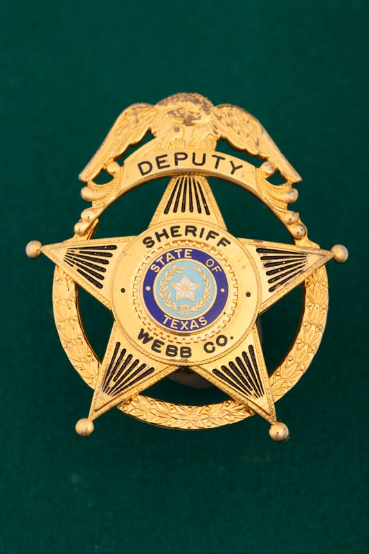 Ornate Circle 5-point Ball Star Badge marked “DEPUTY/ SHERIFF/ WEBB CO.?? with Eagle Crest,: Ornate Circle 5-point Ball Star Badge marked “DEPUTY/ SHERIFF/ WEBB CO.” with Eagle Crest, wreath design in circle, two tone blue “State of Texas” center Seal. Very unusual and ornate 
