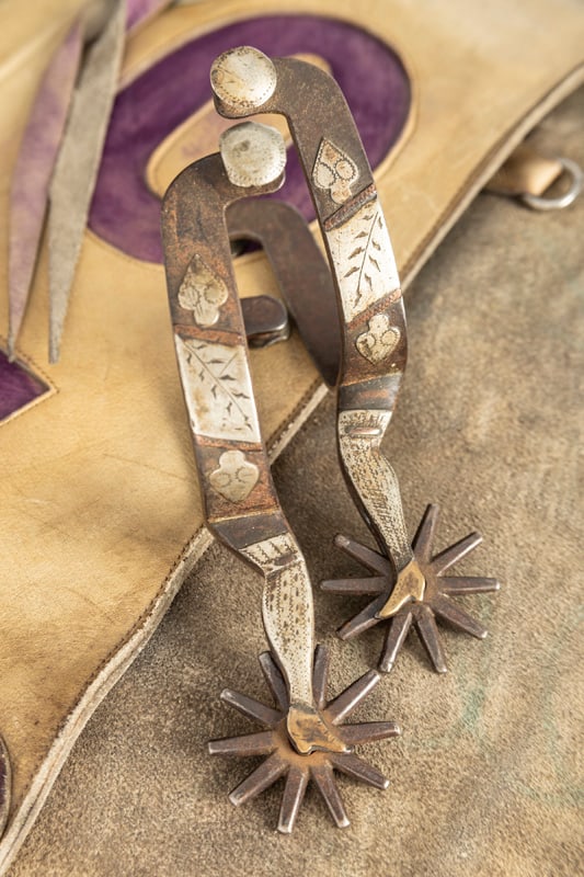 Pair of early McChesney double mounted gal-leg Spurs, #8 pattern, with engraved silver overlay: Pair of early McChesney double mounted gal-leg Spurs, #8 pattern, with engraved silver overlay turtles on heel band and spades on the opposite heel band. Great pattern. THE LATE OTIS HIBLER ESTATE.