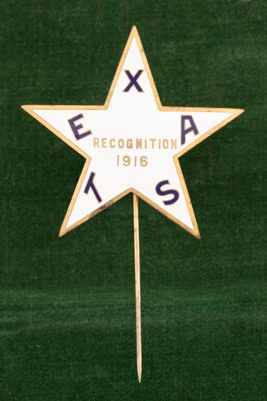 Beautiful 5-point Star Badge marked “TEXAS RECOGNITION / 1916?? gold tone edging with white: Beautiful 5-point Star Badge marked “TEXAS RECOGNITION / 1916” gold tone edging with white enamel background, black enamel Texas lettering and remaining lettering in gold tone. Hallmarked “R