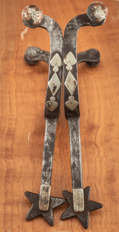Early McChesney single mounted Spurs, pitch fork pattern, circa 1905. THE LATE OTIS HIBLER ESTATE.: Early McChesney single mounted Spurs, pitch fork pattern, circa 1905. THE LATE OTIS HIBLER ESTATE.