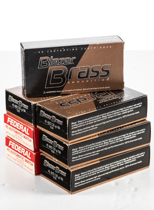 Seven Factory Boxes of .45 ACP caliber Ammunition, totaling 350 rounds. Five boxes are by Blazer: Seven Factory Boxes of .45 ACP caliber Ammunition, totaling 350 rounds. Five boxes are by Blazer Brass 230 gr. FMJ. Two boxes are by Federal 185 gr. Wad Cutter. THE LATE CARROLL STURGIS JR. ESTATE.