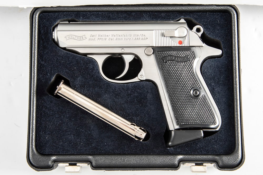 Walther Model PPK/S Semi-Auto Pistol, 9mm/.380 ACP, SN AB140657, brushed stainless, 3 1/2" barrel,: Walther Model PPK/S Semi-Auto Pistol, 9mm/.380 ACP, SN AB140657, brushed stainless, 3 1/2" barrel, near pristine condition, in original padded factory carry case with extra magazine. (MODERN)