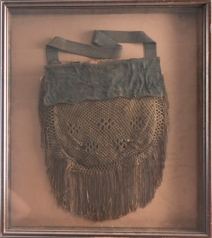 Early Framed, Hand Crocheted Type, Fringed Carry Bag With Leather Strap