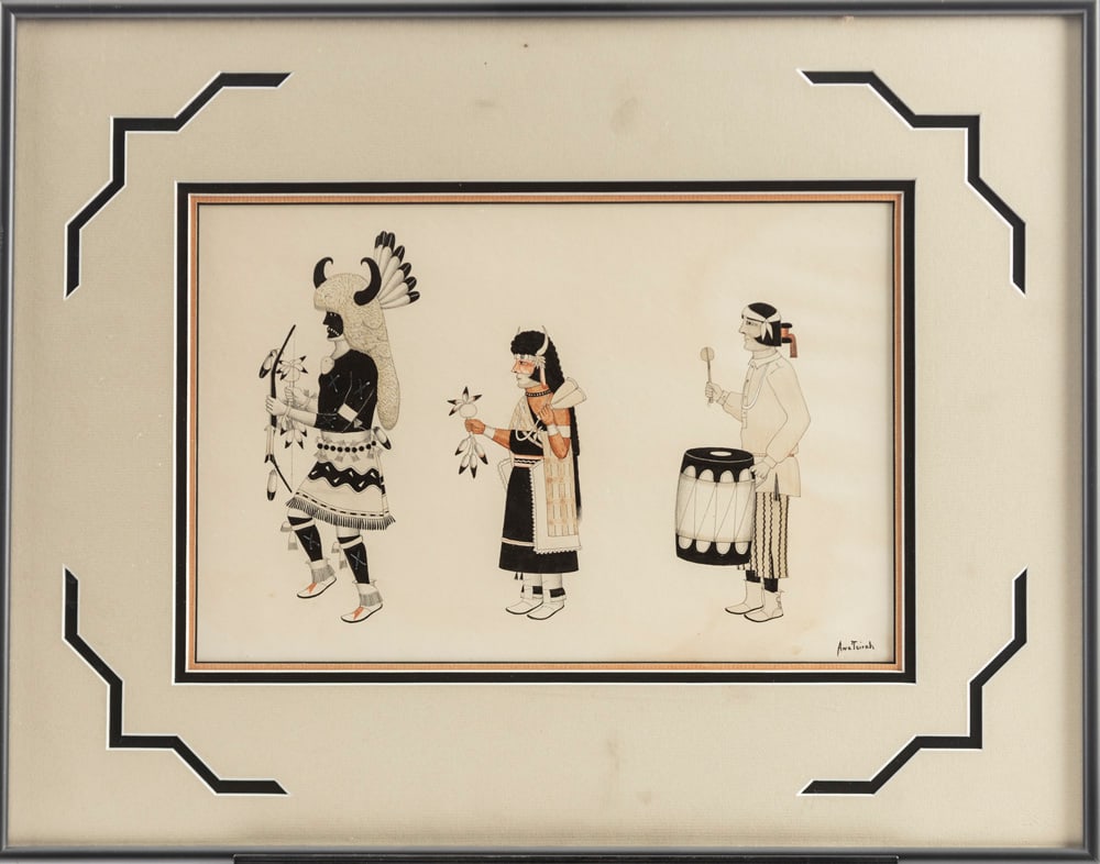 Original framed, water color on paper, Art by AWA TSIREH (1898-1955), titled "Buffalo Dancer": Original framed, water color on paper, Art by AWA TSIREH (1898-1955), titled "Buffalo Dancer" measuring 9" x 13", triple matted, frame measures 15 3/4" x 20". Label verso from Altermann Galleries and