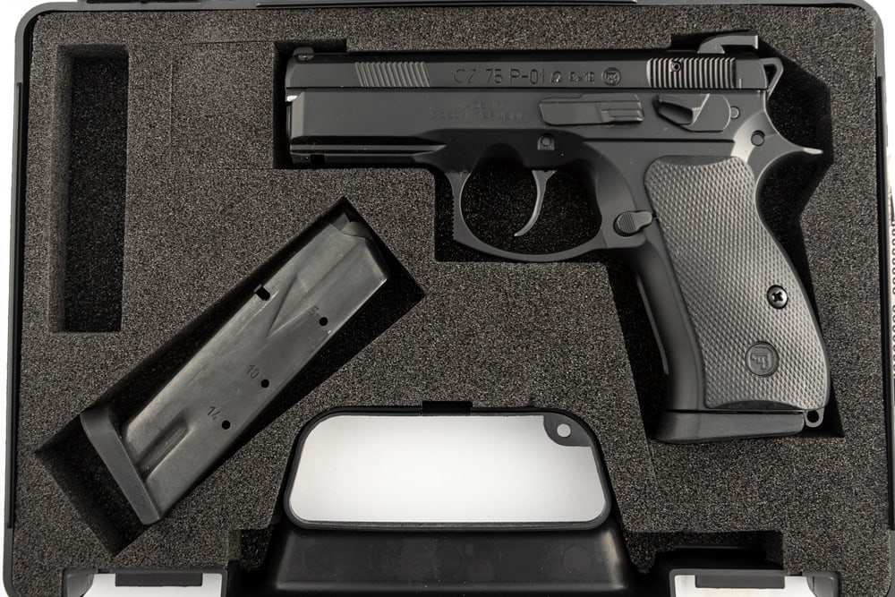Cased CZ Semi-Auto Pistol, 9x19 caliber, SN C578827, matte finish, pristine condition, 4" barrel.: Cased CZ Semi-Auto Pistol, 9x19 caliber, SN C578827, matte finish, pristine condition, 4" barrel. Sold in its original factory hard case with cleaning rod and extra high capacity magazine. (MODERN). T