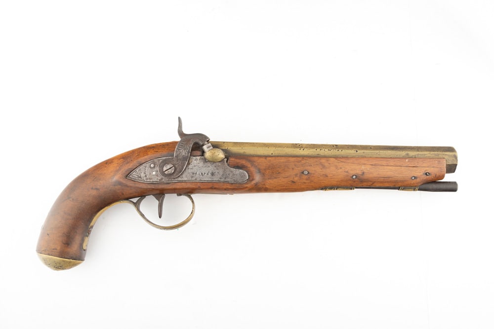Antique "Tower" Stamped Sharpe, brass 8" barrel marked "London", English Proof mark, 60 caliber: Antique "Tower" Stamped Sharpe, brass 8" barrel marked "London", English Proof mark, 60 caliber Pistol. THE LATE DR. ED KOLLAR ESTATE.
