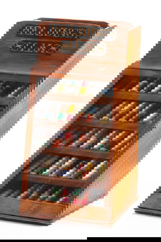 Unusual Country Store Wooden And Glass Front Thread Case Marked