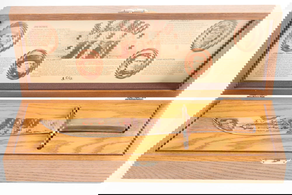 Cased "Case" Commemorative Bowie Knife titled "Remember The Alamo", Number 0607. Knife measures 13: Cased "Case" Commemorative Bowie Knife titled "Remember The Alamo", Number 0607. Knife measures 13 1/2" overall length with 9 1/4" blade. Sold in a custom wooden oak box, 17" L x 6 1/2" W x 3" D.