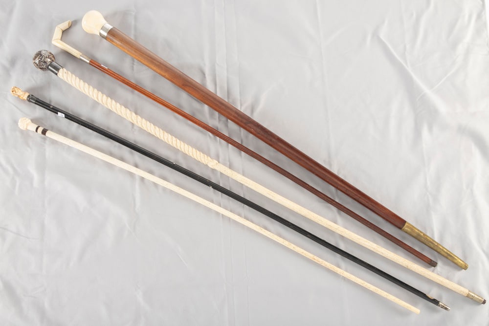 THIS LOT WILL BE SOLD 5 TIMES YOUR BID, MEANING YOUR FINAL BID WILL BE MULTIPLIED 5 TIMES.: THIS LOT WILL BE SOLD 5 TIMES YOUR BID, MEANING YOUR FINAL BID WILL BE MULTIPLIED 5 TIMES. This lot consists of one Cane & four Walking Sticks: (1) Ivory handled Cane shaped like a finger with reeded 