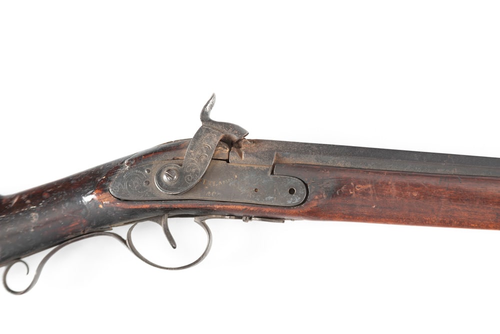 Early Percussion Single Shot Fowling Shotgun, 16 ga. bore, lock is marked "Ketland Co.", 43" barrel,: Early Percussion Single Shot Fowling Shotgun, 16 ga. bore, lock is marked "Ketland Co.", 43" barrel, part round-part hexagon, marked on top of barrel "London", would make a great over mantel piece.