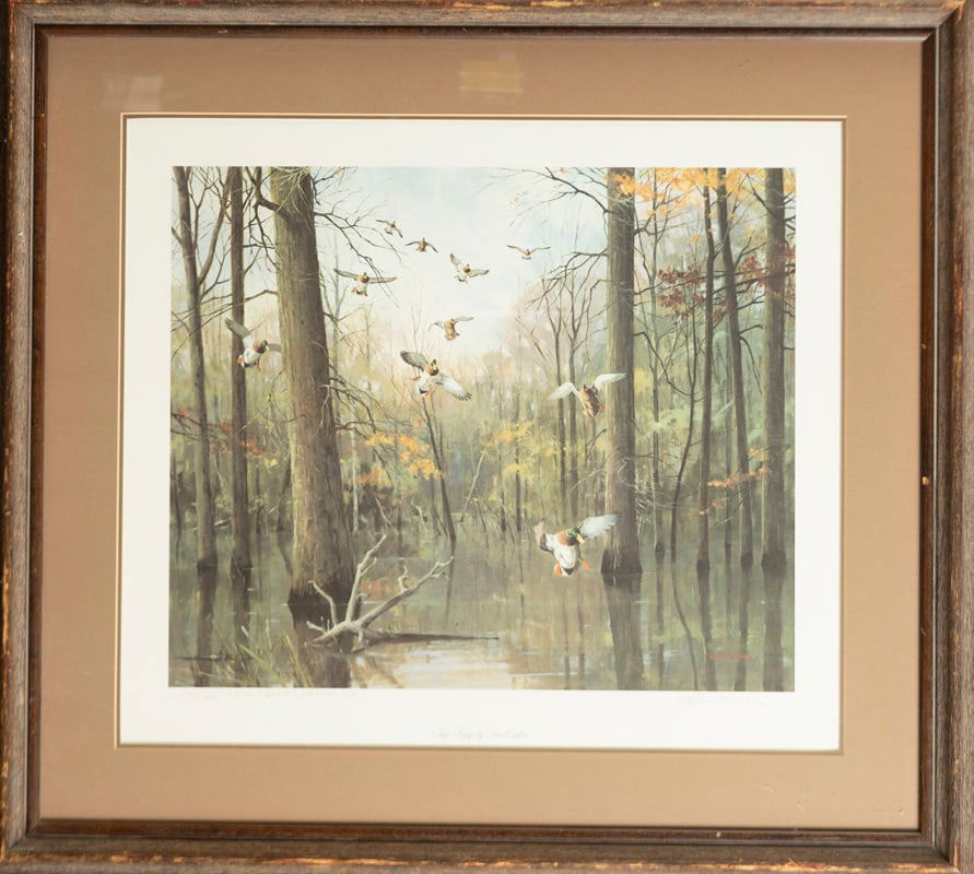 A Collection of three framed color Prints to include: A Large framed Color Print, hand signed and: A Collection of three framed color Prints to include: A Large framed Color Print, hand signed and numbered by noted Artist Ken Carlson, #142/200, titled "Safe Refuge", measures 30" x 33 1/2"; (2) Fram