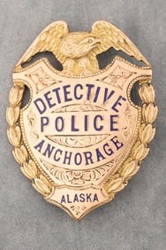 Vintage gold tone Shield Badge with eagle crest marked "Detective Police/Anchorage/Alaska",