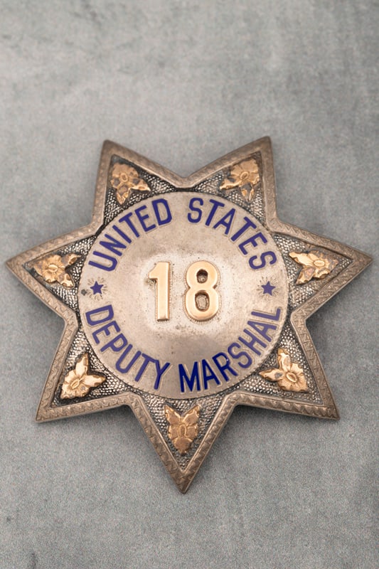 Vintage "Sterling Silver & Gold Filled" marked 7-point Star Badge, marked "United States/Deputy: Vintage "Sterling Silver & Gold Filled" marked 7-point Star Badge, marked "United States/Deputy Sheriff" with raised gold "18" in center. The design in each badge tip appears to be gold. Hallmark "Irv