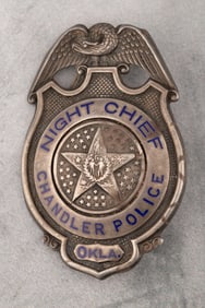 Vintage "Sterling" marked Shield Badge with eagle crest marked "Night Chief/Chandler Police/Okla."