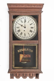 Antique oak case Advertising Calendar Regulator Clock, advertising Demon Dandruff Destroyer with