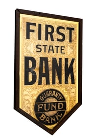 Very Desirable antique wooden framed, beveled glass Bank Sign with reverse gold leaf and large black