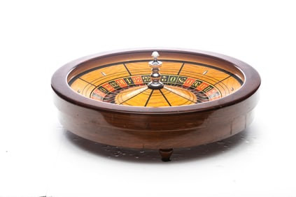 Vintage 22" Roulette Wheel made by Mason & Co., with rosewood frame and satin wood inlay on footed