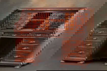 Monumental antique, Superior Grade, 66", S-curved mahogany Roll Top Desk, circa 1900. Certainly a